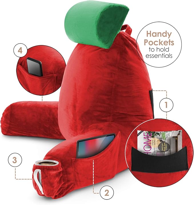 Clara Clark Reading Pillow, Large Back Pillow for Sitting Up in Bed, Memory Foam Back Support Pillow, Reading Pillows for Sitting in Bed Adult Holiday Color Sit Up Pillow for Bed with Arms and Pockets - LeafyLoom