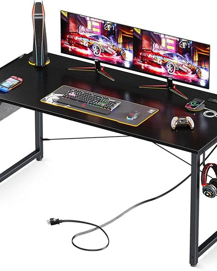 AODK 55 inch Small Computer Desk with Power Outlet for Small Spaces Home Office Student Laptop PC Writing Desks with Storage Bag Headphone Hook, Black - LeafyLoom