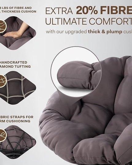 Bme 40" Ergonomic Wicker Papasan Chair with Soft Thick Density Fabric Cushion, High Capacity Steel Frame, 360 Degree Swivel for Living, Bedroom, Reading Room, Lounge, Smoky Quartz - Black Base - LeafyLoom