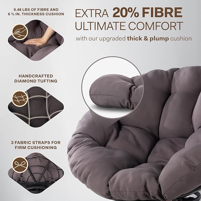 Bme 40" Ergonomic Wicker Papasan Chair with Soft Thick Density Fabric Cushion, High Capacity Steel Frame, 360 Degree Swivel for Living, Bedroom, Reading Room, Lounge, Smoky Quartz - Black Base - LeafyLoom
