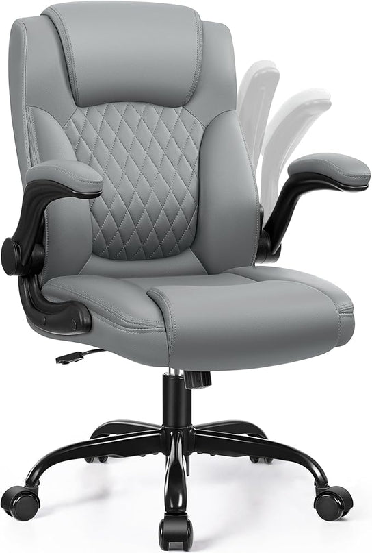 Leather Office Chair, PU Home Computer Desk Chairs with Ergonomic Back Support, 360°Swivel Free，Small Gmaing Chair with Wheels and Adjustable Armrests, for Short People Use, Gray - LeafyLoom
