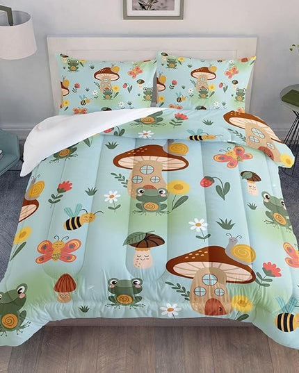 Datura home Cartoon Mushroom House Kids Comforter Bedding Set for Boys Girls, Green Grassland and Cute Frog Bee Print Comforter with 2 Pillowcases(Mushroom House Queen), Mushroom Frog - LeafyLoom