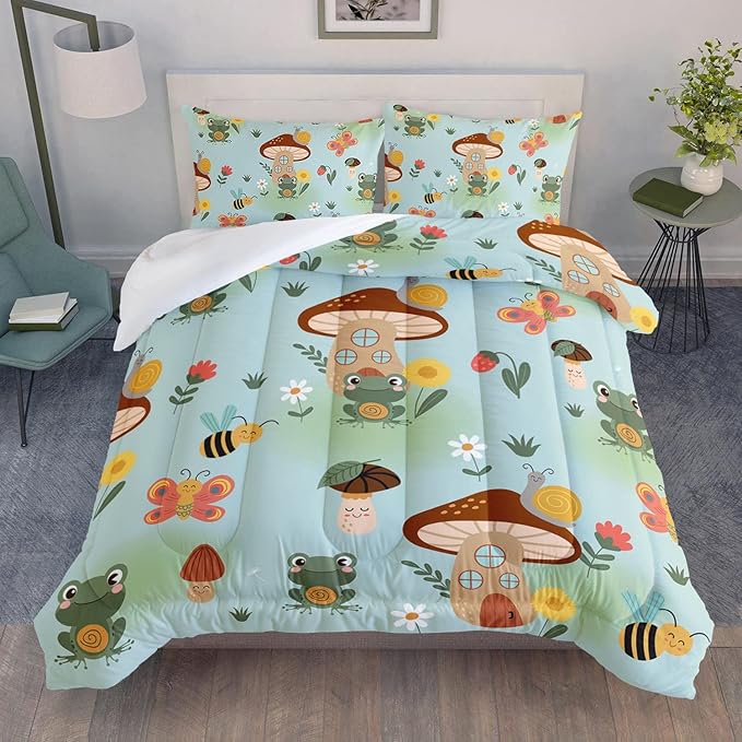 Datura home Cartoon Mushroom House Kids Comforter Bedding Set for Boys Girls, Green Grassland and Cute Frog Bee Print Comforter with 2 Pillowcases(Mushroom House Queen), Mushroom Frog - LeafyLoom