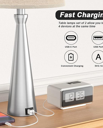 Acaxin Lamps for Bedrooms Set of 2 - Nightstand Lamps with USB C Port Charging, 3 Way Dimmable Touch Small Bed Side Table Lamp, Beige Night Stand Light for Kids/Guest Room - LeafyLoom