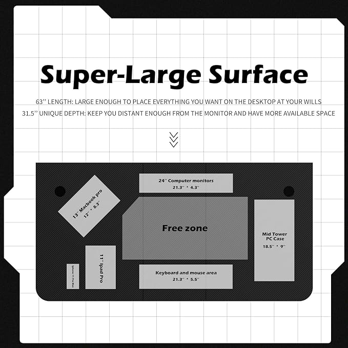 TOPSKY Gaming Desk Large Surface 63’’x31.5’’ with Cup Holder, Headphone Hook and Cable Management (Black) - LeafyLoom