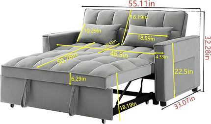 55" 3 in 1 Convertible Loveseat Futon Sofa Couch of Mordern Velvet w/Pullout Bed, Small Love Seat Lounge Sleeper w/Reclining Backrest, Toss Pillows, Pockets, Furniture for Living Room Bed - LeafyLoom