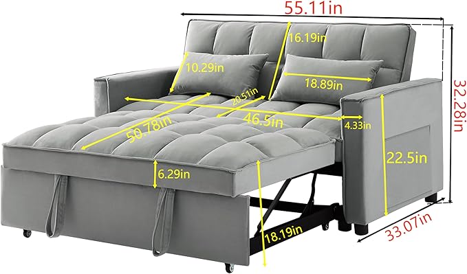 55" 3 in 1 Convertible Loveseat Futon Sofa Couch of Mordern Velvet w/Pullout Bed, Small Love Seat Lounge Sleeper w/Reclining Backrest, Toss Pillows, Pockets, Furniture for Living Room Bed - LeafyLoom