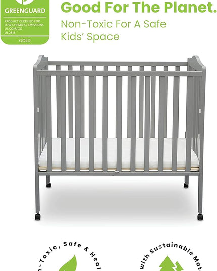 Delta Children Folding Portable Mini Baby Crib with 1.5-inch Mattress - Greenguard Gold Certified, Grey - LeafyLoom