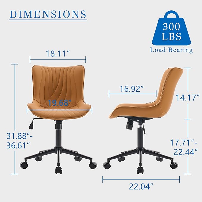 YOUNIKE Office Chair, Armless Desk Chair with Wheels, Home Office Computer Task Chairs, Modern Faux Leather Upholstered Vanity Chair, Adjustable Swivel Rocking Chair with Back, Saffron Tan - LeafyLoom