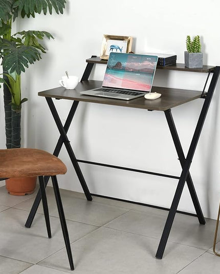 FurnitureR 31.9'' Folding Desk 2 Tier Foldable Writing Table Assembly Saves Space for Home Office Study, Metal Frames/Wood Top Laptop Table Computer Desk, Industrial Brown - LeafyLoom