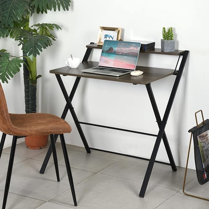 FurnitureR 31.9'' Folding Desk 2 Tier Foldable Writing Table Assembly Saves Space for Home Office Study, Metal Frames/Wood Top Laptop Table Computer Desk, Industrial Brown - LeafyLoom