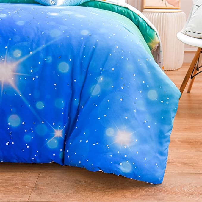 A Nice Night 6Pcs Gradient Glitter Bedding Set for Girls, Colorful Rainbow Galaxy Comforter Set, Ultra Soft Bedding Sets (Blue-Green,Twin 6Pcs) - LeafyLoom