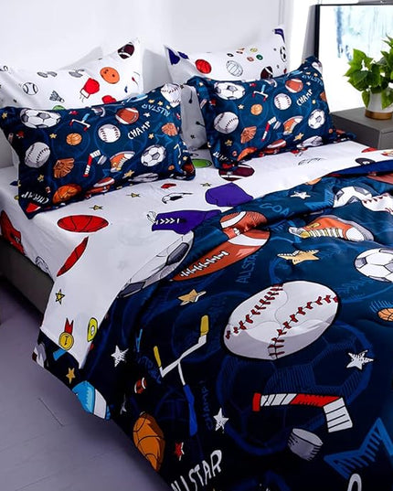 Wajade Sports Comforter Set Bed in A Bag Twin Size 7 Piece 3D Soccer Basketball Baseball Football Bedding Set for Kids Boys (1 Comforter, 1 Flat Sheet, 1 Fitted Sheet, 2 Pillowcase and 2 Pillow Sham) - LeafyLoom