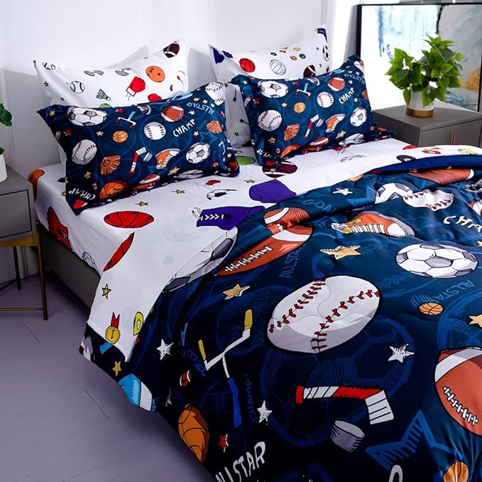 Wajade Sports Comforter Set Bed in A Bag Twin Size 7 Piece 3D Soccer Basketball Baseball Football Bedding Set for Kids Boys (1 Comforter, 1 Flat Sheet, 1 Fitted Sheet, 2 Pillowcase and 2 Pillow Sham) - LeafyLoom