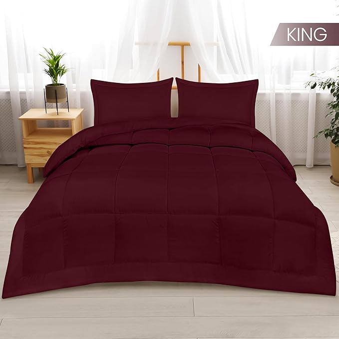 Utopia Bedding King Size Comforter Set with 2 Pillow Shams, Bedding Comforter Sets, Down Alternative Burgundy/Red Comforter, Soft and Comfortable, Machine Washable - LeafyLoom
