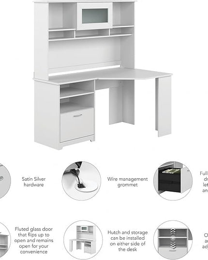 Bush Furniture Cabot 60W Corner Desk with Hutch in White - LeafyLoom
