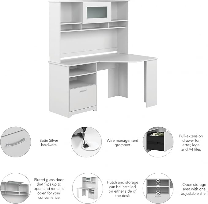 Bush Furniture Cabot 60W Corner Desk with Hutch in White - LeafyLoom