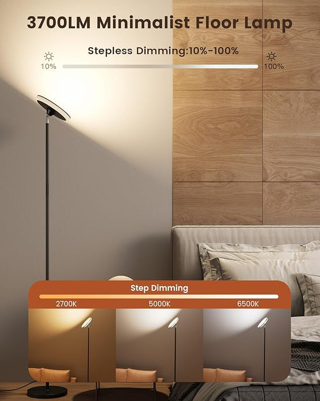 42W Floor Lamp, 3700LM Super Bright Standing Lamp with Side Light & Timer, Tall Lamp with Remote & Touch Control, 2700K-6500K Dimmable Torchiere Floor Lamp for Living Room, Office (Black) - LeafyLoom