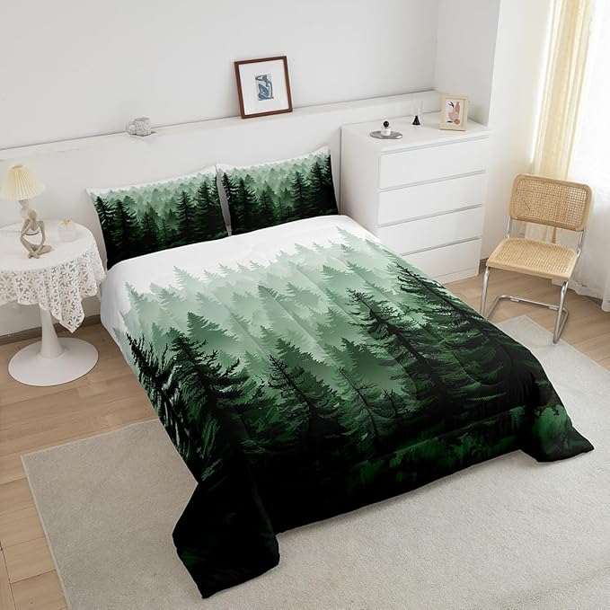 Feelyou Fog Forest Comforter Botanical Pine Trees Comforter Set for Boys Girls Watercolor Green Bedding Set Room Decor King Size Bedspread Cover 3Pcs Boys - LeafyLoom
