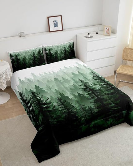 Feelyou Fog Forest Comforter Botanical Pine Trees Comforter Set for Boys Girls Children Watercolor Style Green Comforter Set Room Decor Twin Size Duvet Set 2Pcs - LeafyLoom