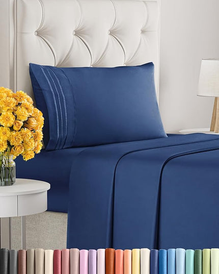 Twin Size 3 Piece Sheet Set - Comfy Breathable & Cooling Sheets - Hotel Luxury Bed Sheets for Women & Men - Deep Pockets, Easy-Fit, Extra Soft & Wrinkle Free Sheets - Navy Blue Oeko-Tex Bed Sheet Set - LeafyLoom