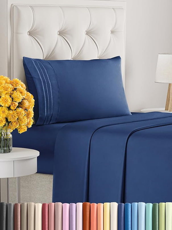 Twin Size 3 Piece Sheet Set - Comfy Breathable & Cooling Sheets - Hotel Luxury Bed Sheets for Women & Men - Deep Pockets, Easy-Fit, Extra Soft & Wrinkle Free Sheets - Navy Blue Oeko-Tex Bed Sheet Set - LeafyLoom