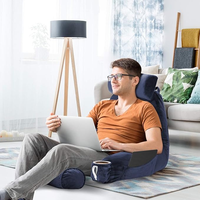 Clara Clark Reading Pillow, Large Back Pillow for Sitting Up in Bed, Memory Foam Back Support Pillow, Reading Pillows for Sitting in Bed Adult, Navy Blue Sit Up Pillow for Bed with Arms and Pockets - LeafyLoom