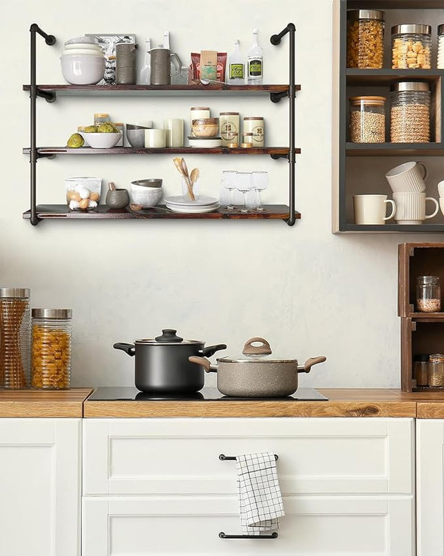 MUZIK 4 Tier Industrial Wall Mount Iron Pipe Shelf, Vintage Industrial Wall Mount Bookshelf Shelving Unit, DIY Open Bookshelf, Shelf Shelves, Kitchen Shelves, 2 Pack 40 Inch, 3/4 Pipe Nipple - LeafyLoom