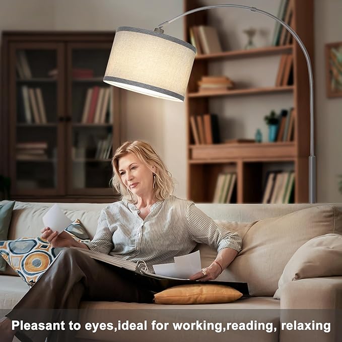 Arc Floor Lamp with Dimmer, Dimmable Floor Lamp for Living Room, Modern Standing Lamp with Gray Adjustable Hanging Shade, Tall Pole Lamp Reading Light for Bedroom, Over Couch, 9W LED Bulb Included - LeafyLoom
