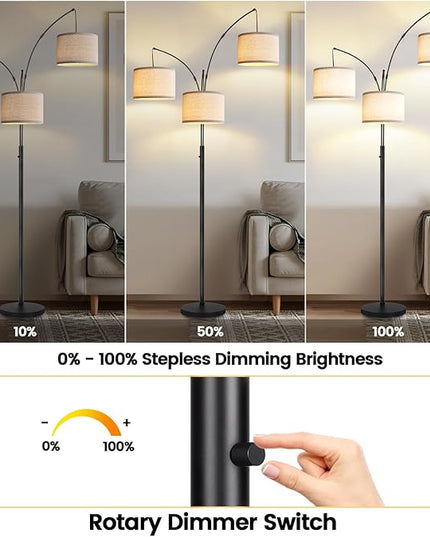 Dimmable Floor Lamp - 3 Lights Arc Floor Lamps for Living Room, 1000LM Modern Tall Standing Lamp with White Shades & Heavy Base, Mid Century Tree Floor Lamp for Bedroom Office, 3 LED Bulbs Included - LeafyLoom