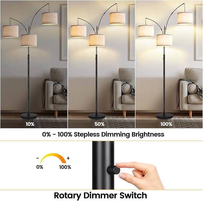 Dimmable Floor Lamp - 3 Lights Arc Floor Lamps for Living Room, 1000LM Modern Tall Standing Lamp with White Shades & Heavy Base, Mid Century Tree Floor Lamp for Bedroom Office, 3 LED Bulbs Included - LeafyLoom