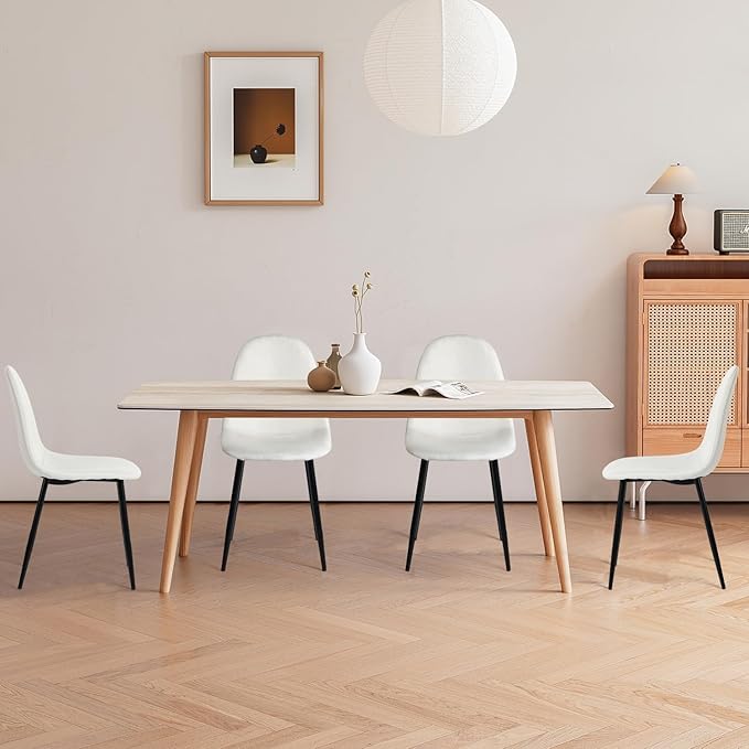 FurnitureR Dining Chairs Set of 4, Fabric Comfy Seat Armless Side Chairs with Metal Legs Mid Century for Home Kitchen Reception Room, Beige - LeafyLoom