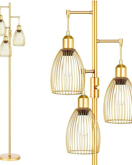 Dimmable Floor Lamp, 3 x 800LM LED Edison Bulbs Included, Farmhouse Industrial Floor Lamp Standing Tree Lamp with Elegant Teardrop Cage Head Tall Lamp for Living Room Bedroom Office Dining Room - Gold - LeafyLoom