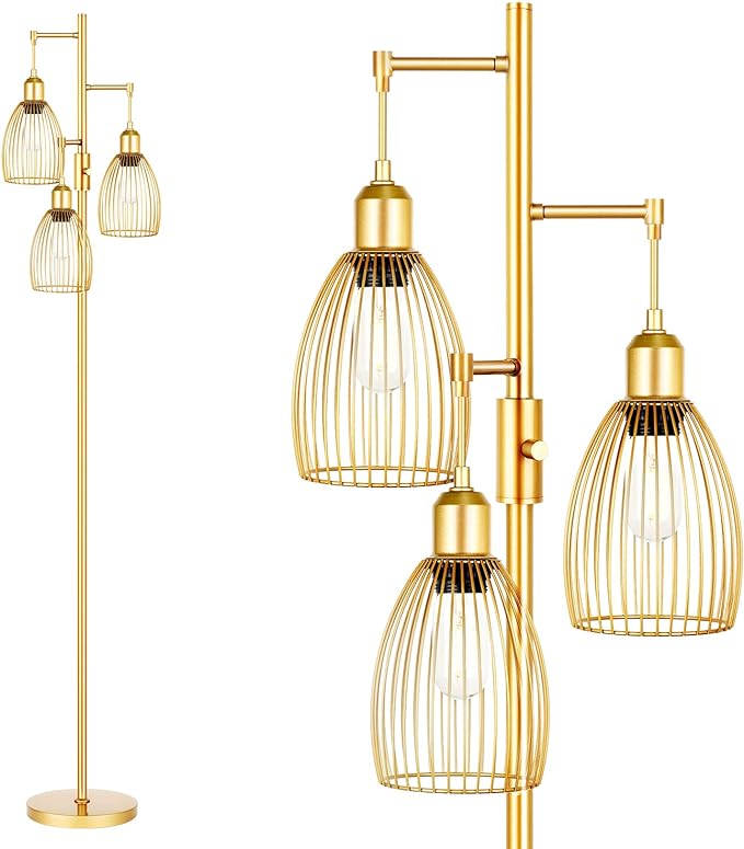 Dimmable Floor Lamp, 3 x 800LM LED Edison Bulbs Included, Farmhouse Industrial Floor Lamp Standing Tree Lamp with Elegant Teardrop Cage Head Tall Lamp for Living Room Bedroom Office Dining Room - Gold - LeafyLoom