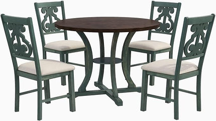 5-Piece Round Dining Table and 4 Chairs Set with Storage Shelf, Special-Shaped Legs and an Exquisitely Designed Hollow Back for Kitchen Living Room, Antique Blue+Dark Brown - LeafyLoom