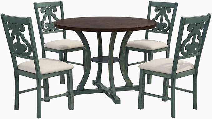 5-Piece Round Dining Table and 4 Chairs Set with Storage Shelf, Special-Shaped Legs and an Exquisitely Designed Hollow Back for Kitchen Living Room, Antique Blue+Dark Brown - LeafyLoom