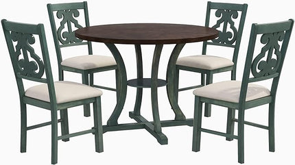 5 Piece Round Table Set with Special-Shaped Legs and an Exquisitely Designed Hollow Chair Back for Dining, Living Room, Kitchen, Antique Blue - LeafyLoom