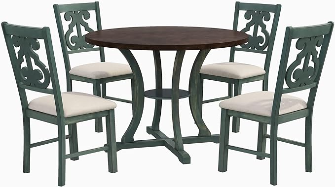 5 Piece Round Table Set with Special-Shaped Legs and an Exquisitely Designed Hollow Chair Back for Dining, Living Room, Kitchen, Antique Blue - LeafyLoom