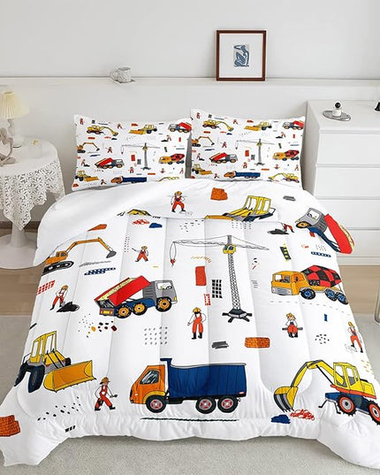 CVHOUSE Tractor Bedding Sets for Boys,Excavators Comforter Queen,Boys Cartoon Truck Comforter Set,Trucks Tractors Cars Quilt Set with 1 Comforter and 2 Pillow Cases- 3 Piece - LeafyLoom