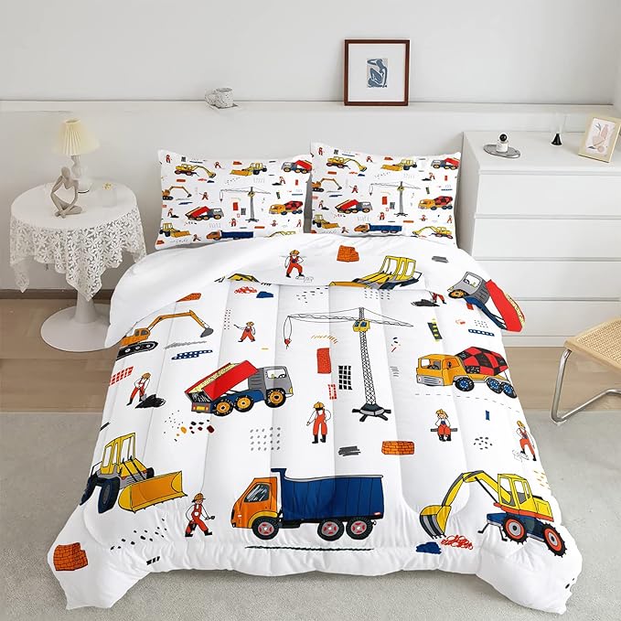 CVHOUSE Tractor Bedding Sets for Boys,Excavators Comforter Full,Boys Cartoon Truck Comforter Set,Trucks Tractors Cars Quilt Set with 1 Comforter and 2 Pillow Cases- 3 Piece - LeafyLoom