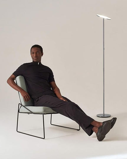 Brightech Sky LED Floor lamp, Torchiere Super Bright Floor Lamp for Living Rooms & Offices - Dimmable, Tall Standing Lamp for Bedroom Reading - Platinum Silver - LeafyLoom