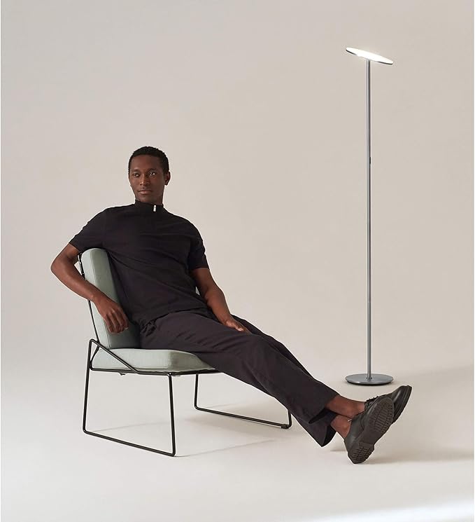 Brightech Sky LED Floor lamp, Torchiere Super Bright Floor Lamp for Living Rooms & Offices - Dimmable, Tall Standing Lamp for Bedroom Reading - Platinum Silver - LeafyLoom