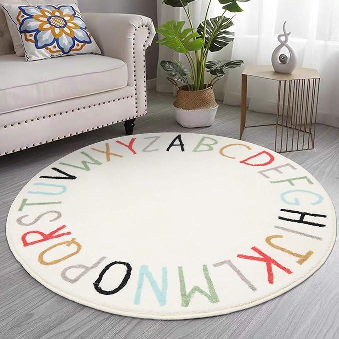 Topotdor Rainbow Round Kids Play Rug Alphabet Nursery Area Rug Extra Large Soft Crawling Play Mat for Children Toddlers Bedroom (40 inch, Multi Color) - LeafyLoom