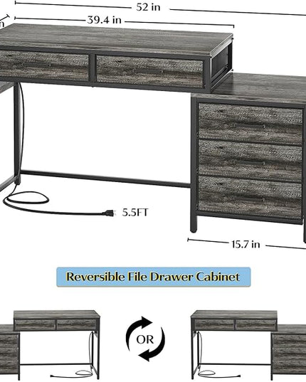 Computer Desk with 5 Drawers, Reversible Office Desk with Power Outlets and USB Charging Ports, Sturdy Writing Table with File Cabinet Printer Stand, PC Desk for Small Spaces, Black Oak - LeafyLoom