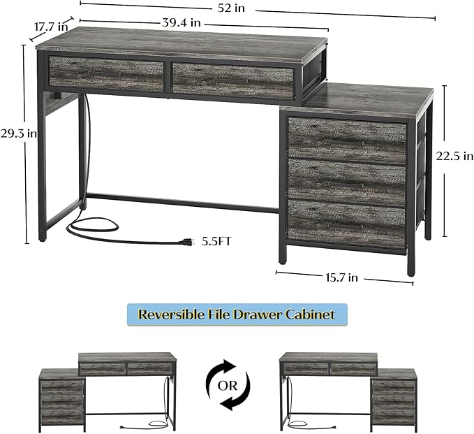 Computer Desk with 5 Drawers, Reversible Office Desk with Power Outlets and USB Charging Ports, Sturdy Writing Table with File Cabinet Printer Stand, PC Desk for Small Spaces, Black Oak - LeafyLoom