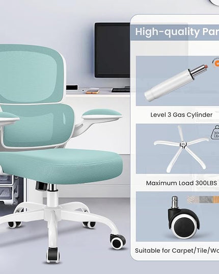 Office Chair, Ergonomic Desk Chair with Lumbar Support and Adjustable Armrests, Comfy Desk Chair Breathable Mesh Mid Back Computer Chair, Reclining Office Chair for Home Office - Mint Green - LeafyLoom