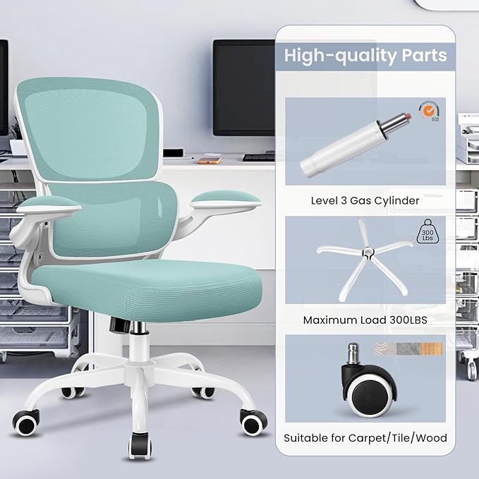 Office Chair, Ergonomic Desk Chair with Lumbar Support and Adjustable Armrests, Comfy Desk Chair Breathable Mesh Mid Back Computer Chair, Reclining Office Chair for Home Office - Mint Green - LeafyLoom