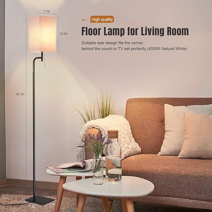 Floor Lamp for Living Room, 3 Color Temperatures, Modern Standing Lamp with Linen Shade, Minimalist Stand Up Lamp Pole for Office, Kids Room, Guest Room, Pink - LeafyLoom