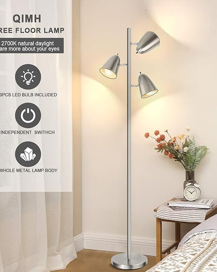 Qimh Tree Floor Lamp with 3 Light Bulbs, Standing Tall Pole Lamps for Living Room Bedroom Office, Reading Stand up Lamps with 3 Adjustable Arms,Brushed Nickel - LeafyLoom