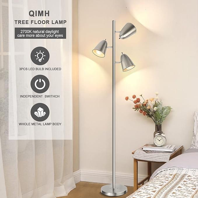 Qimh Tree Floor Lamp with 3 Light Bulbs, Standing Tall Pole Lamps for Living Room Bedroom Office, Reading Stand up Lamps with 3 Adjustable Arms,Brushed Nickel - LeafyLoom